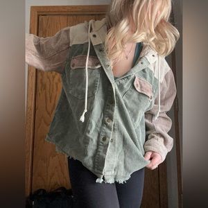 Multicolor corduroy jacket with false hoodie hood, no stains, very lightly worn